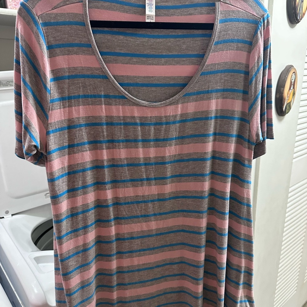 LuLaRoe Pink and Blue Striped Short Sleeve Top